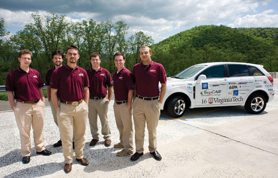 Left to right, members of the Hybrid Electric Vehicle Team: John Saffran, Patrick Walsh, Lynn Gantt, Brad Bowman, John Ely, and Andy Karpin. All studied mechanical engineering and since have graduated. 