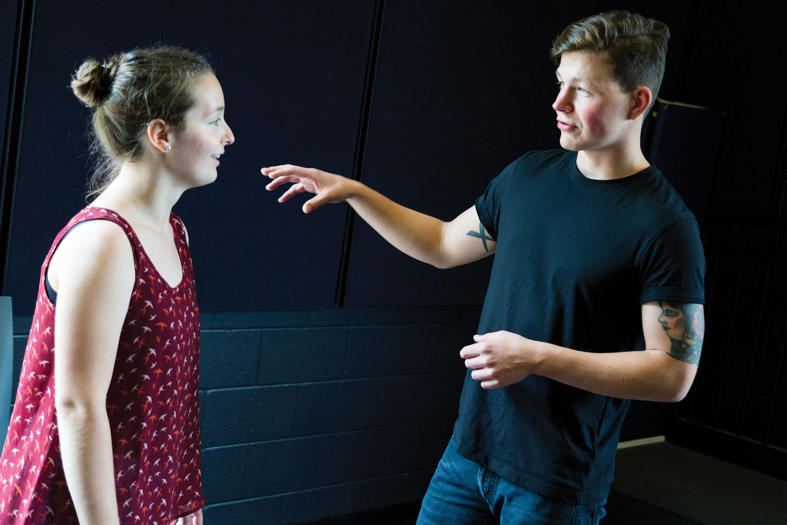 Svenja Both and Felix Ruckl participate in a theater exercise