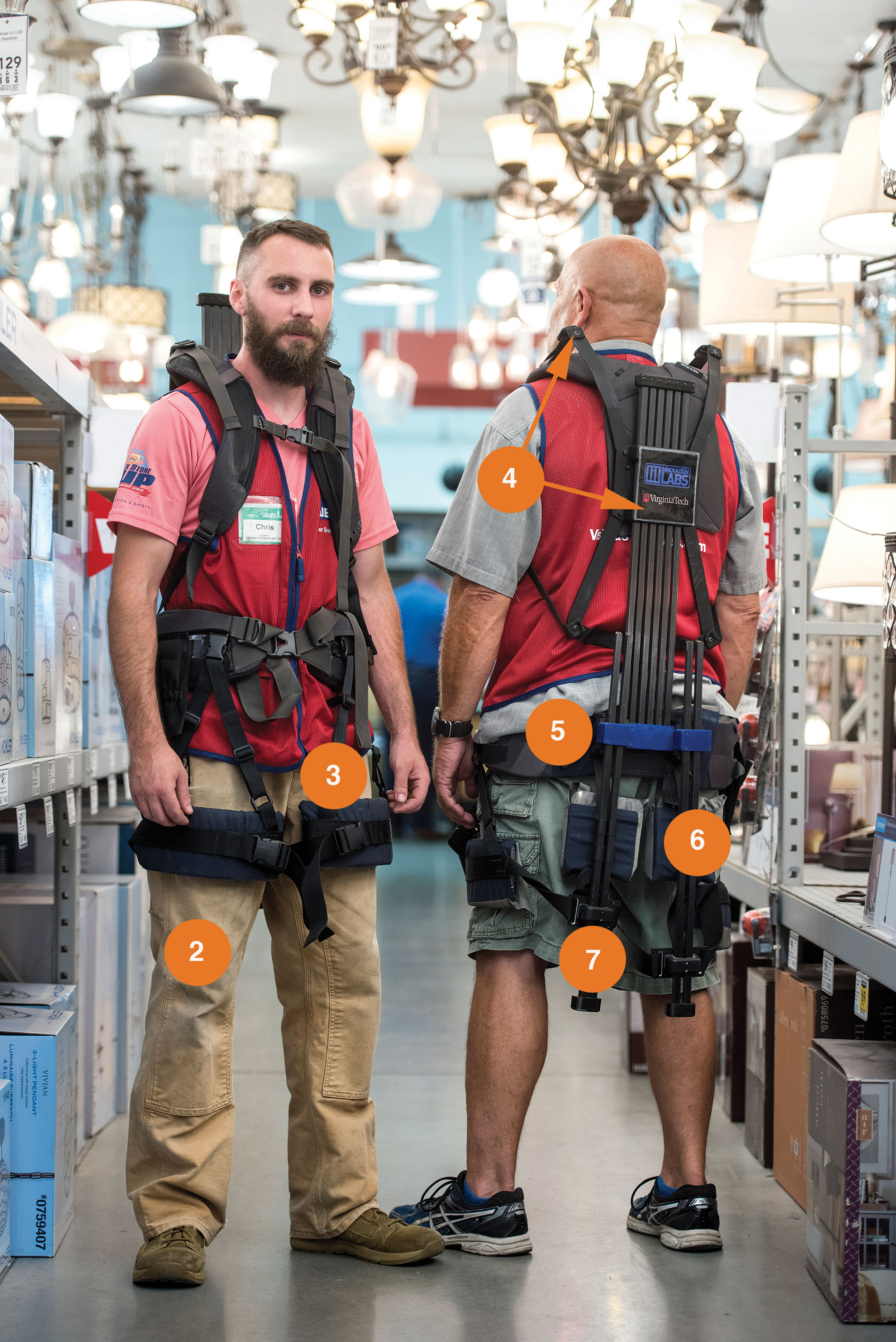 Lowe's employees demostrate the exosuit'