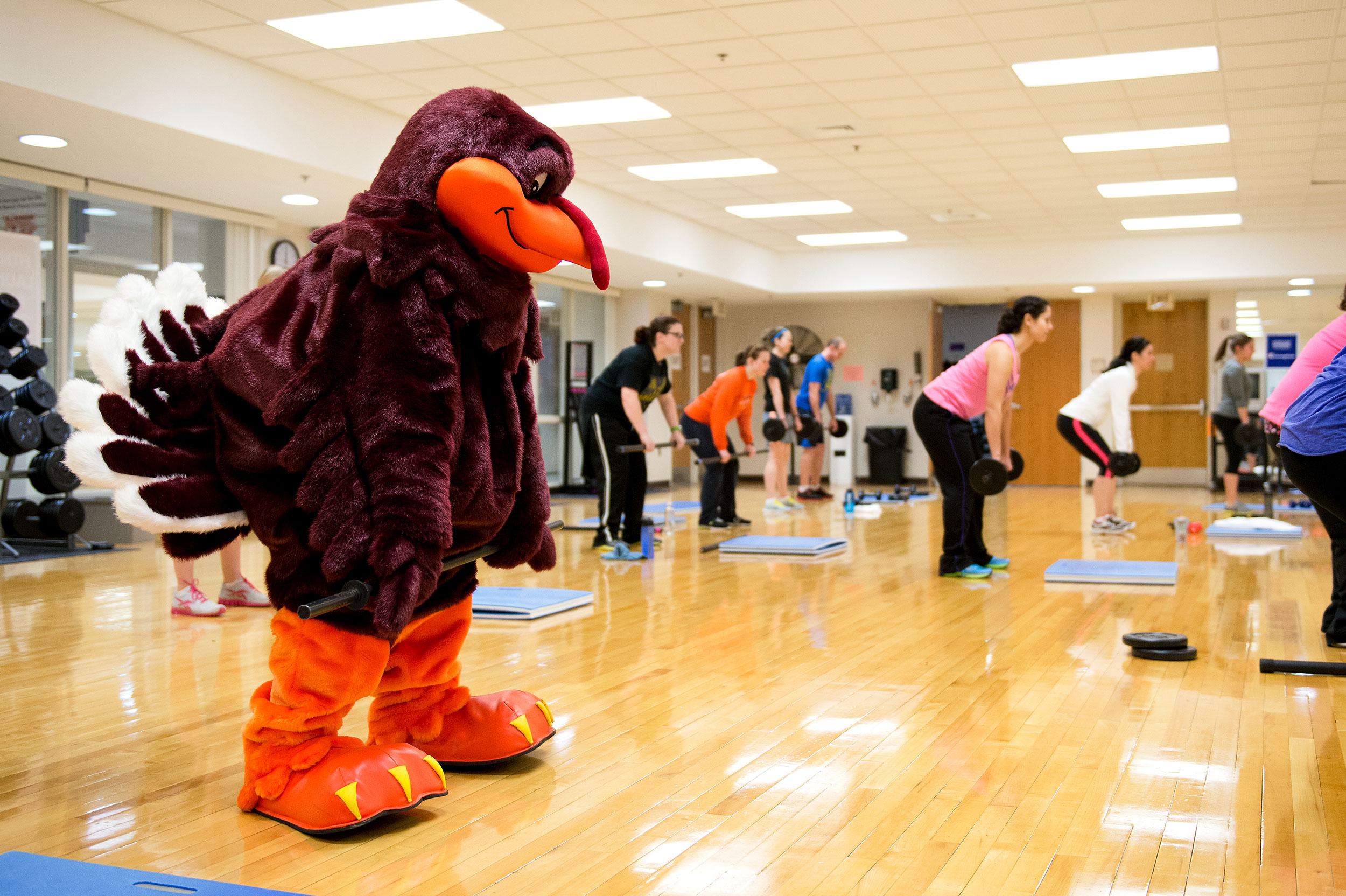 Hokie Wellness Heath and Benefits Fair for employees. HokieBird working out.