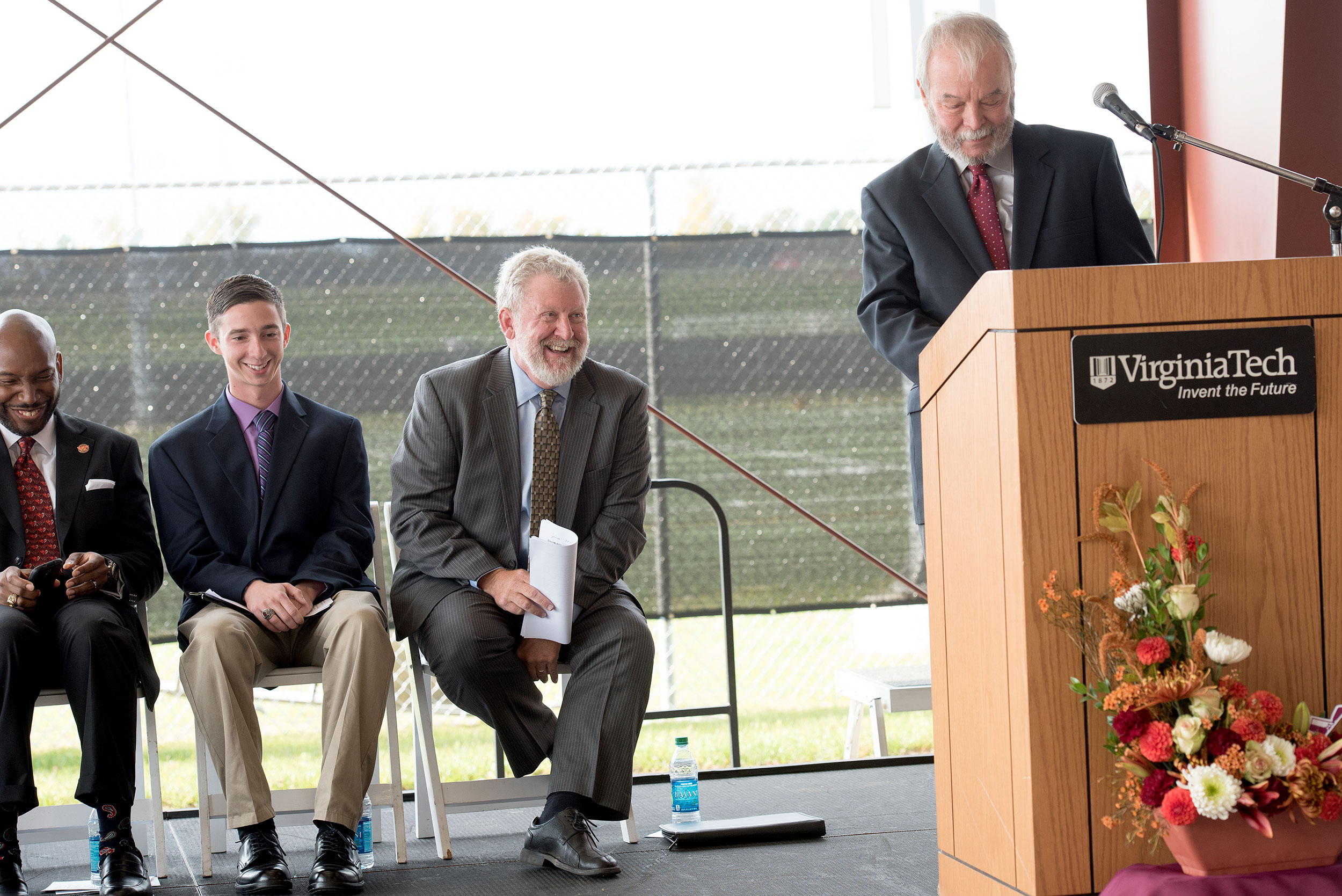 Grand opening of the new practice facility for the Marching Virginians band. James Sochinski, Benjamin Nelson, Nikolas Dimitry, Dave McKee