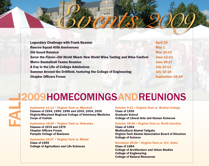 2009 upcoming alumni events at Virginia Tech