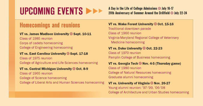 Learn more about these upcoming events sponsored by the Virginia Tech Alumni Association.