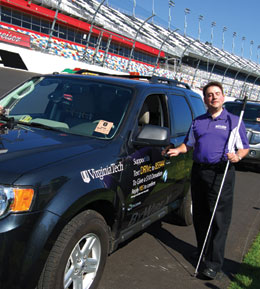 A vehicle built for The Blind Driver Challenge—yet another headline-maker for Virginia Tech—carries the imprint of TORC Robotics. National Federation of the Blind executive Mark Riccobono drove the vehicle at the Daytona International Speedway. Photo by Steven Mackay.