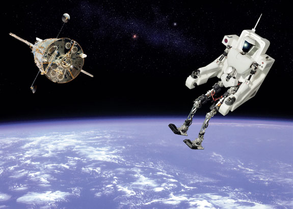 The future of space exploration may rely on robots as well as humans. Virginia Tech's prized humanoid robot, CHARLI, was kind enough to venture into space for us. The background image is courtesy of NASA. The photo illustration is by Jim Stroup, who also constructed CHARLI's jet pack.
