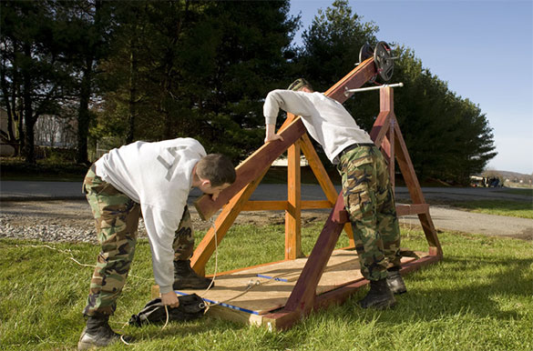 Virginia Tech cadets work with their trebuchet