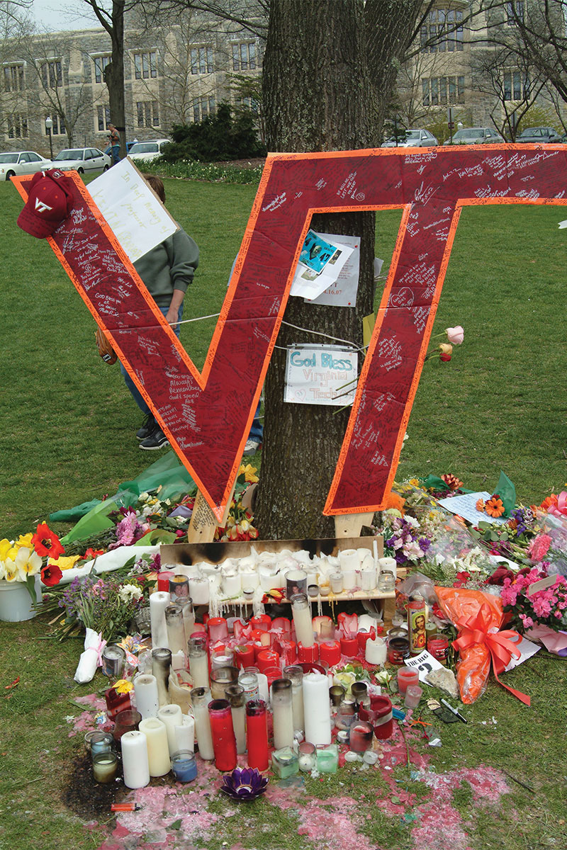 A large "VT" became the site of a spontaneous candlelight memorial on the Drillfield in 2007; 