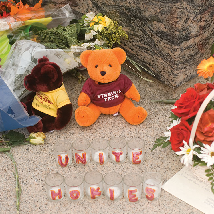 Teddy bears, flowers, and personal messages left around campus after April 16, 2007;