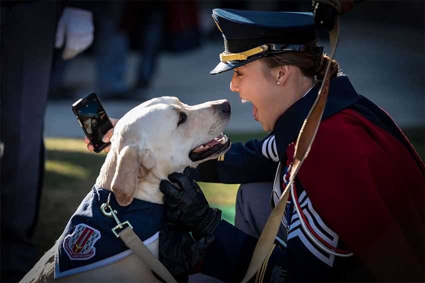 Virginia Tech Corps of Cadets and ambassador Growley and cadet Lenardson