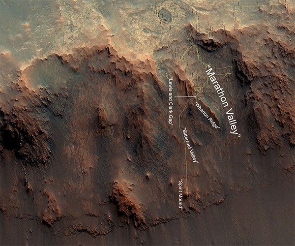 An overhead view of Mars' Wharton Ridge
