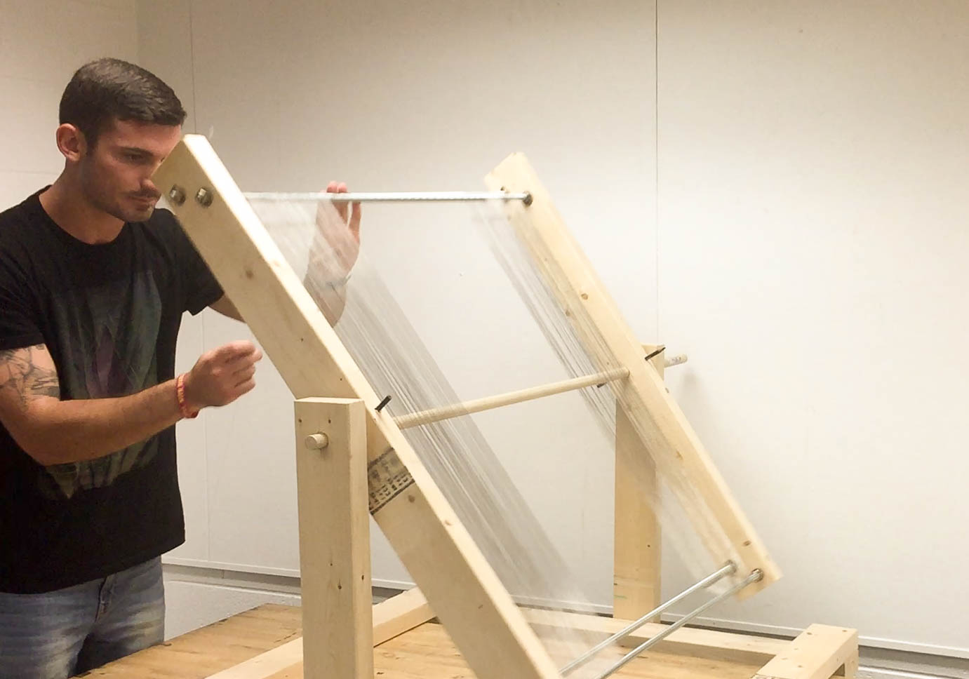 Josh Tulkoff constructs a large prototype of the fog harp