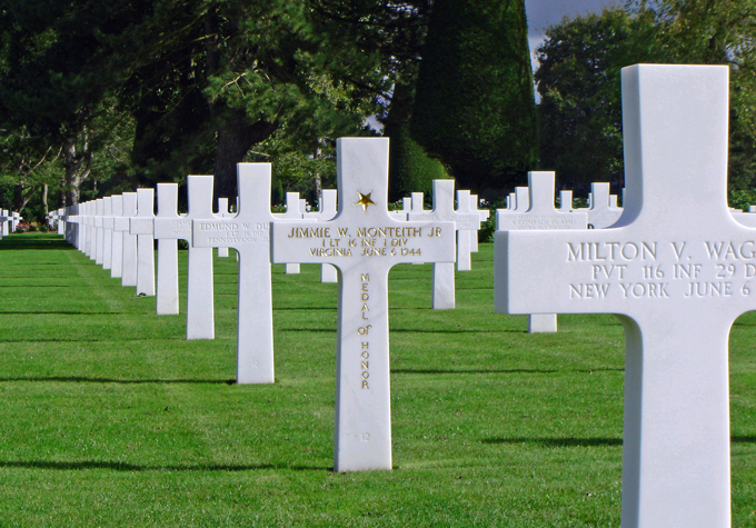 The Normandy American Cemetery and Memorial, on a cliff overlooking Omaha Beach and the English Channel.