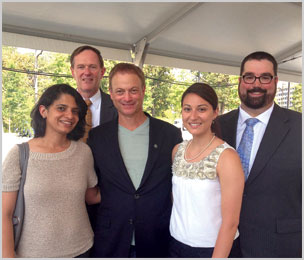 Actor Gary Sinise (center) with (from left) Kripa Iyer '04, Gary Ball, Emily Belote '10, '12, and Peter Kapsidelis '03, '05