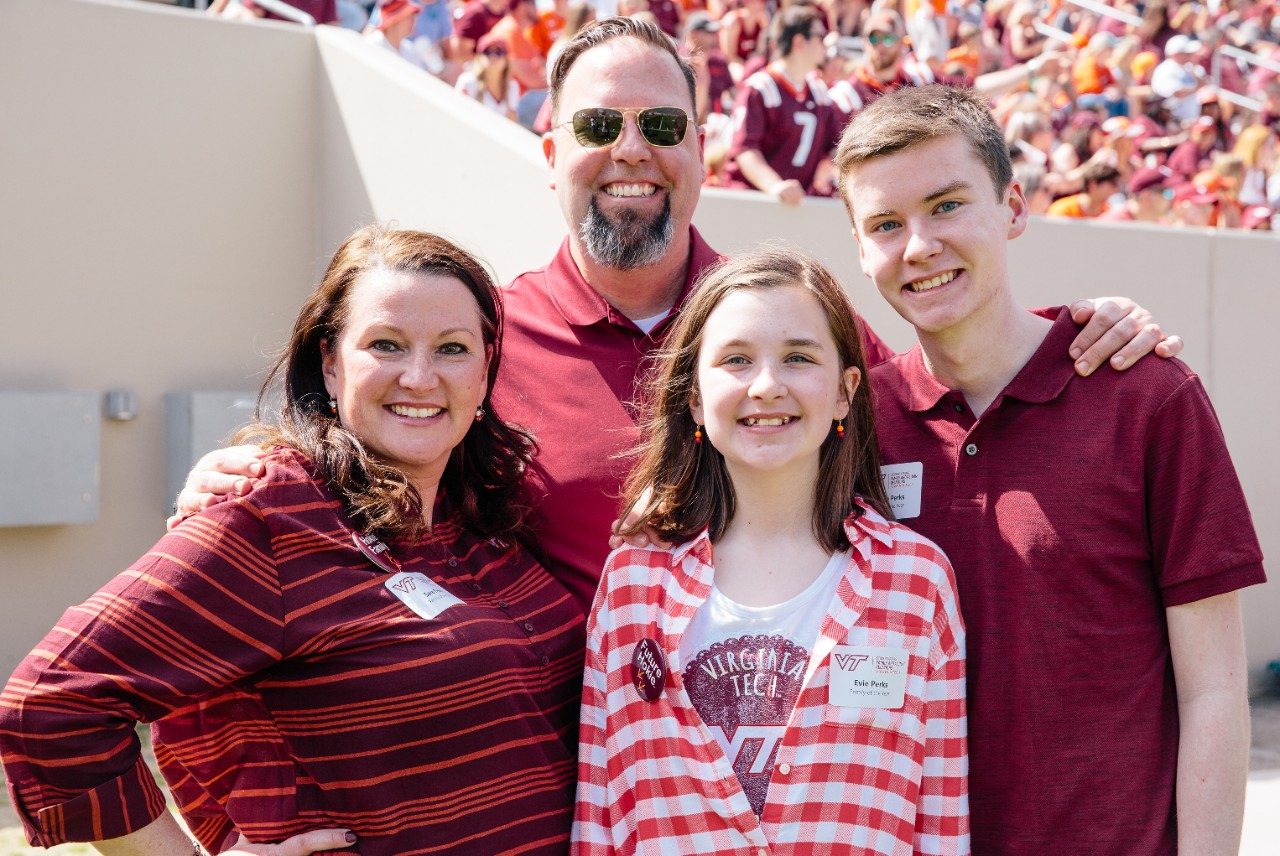 The Perks family, Dave Perks’ 95, his wife, Sara Perks, and their children, Jayme and Evie, was officially announced as Family of the Year on Saturday, April 14, during the Hokie Family Tailgate and the Spring Football Game.