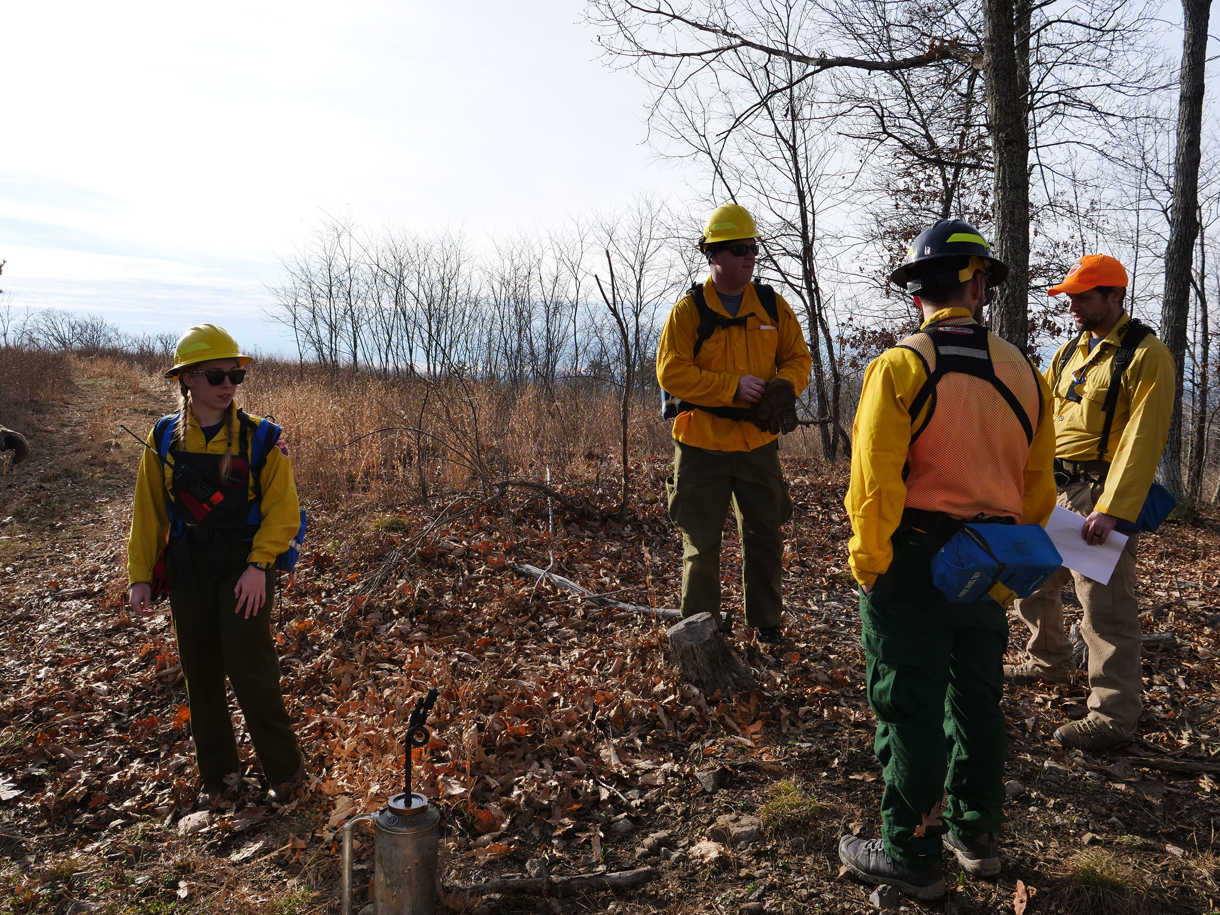 Fire crew members discuss potential ignition techniques prior to the burn