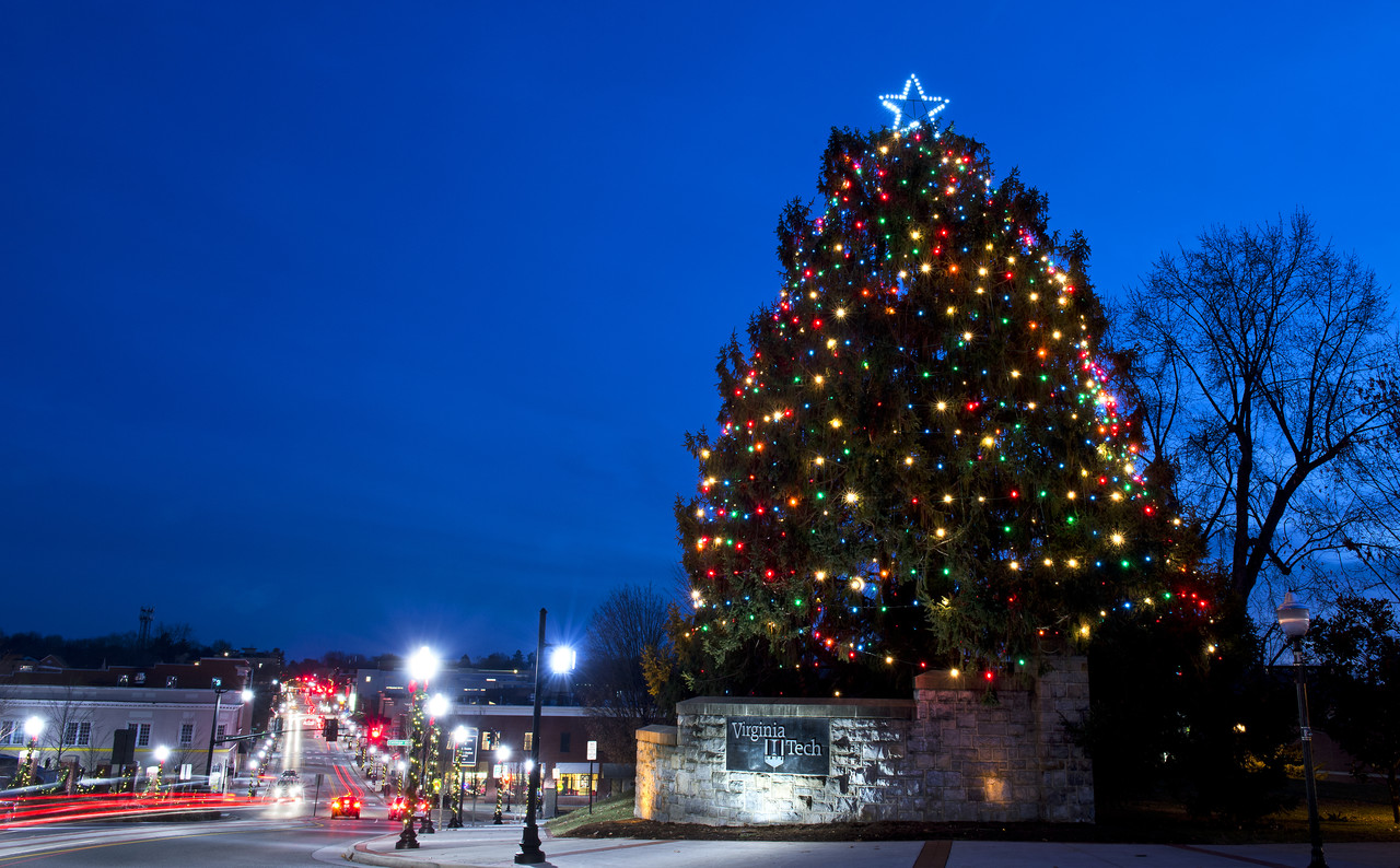 The town/university Christmas tree at the Main Street end of the Mall