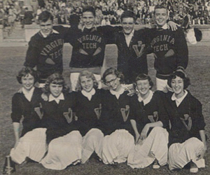 The 1952-53 cheerleading squad at Virginia Tech, led by head cheerleader Bill Leetch '52, was the first squad to include female scheerleaders.