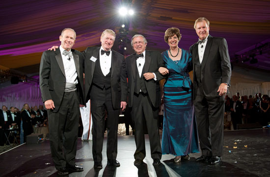 Campaign co-chair David Calhoun '79, quiet phase chair Gene Fife '62, President Charles W. Steger '69, Vice President for Development and University Relations Elizabeth A. Flanagan, and campaign co-chair John Lawson '75. Not pictured is quiet phase vice-chair Bill Holtzman '59. 