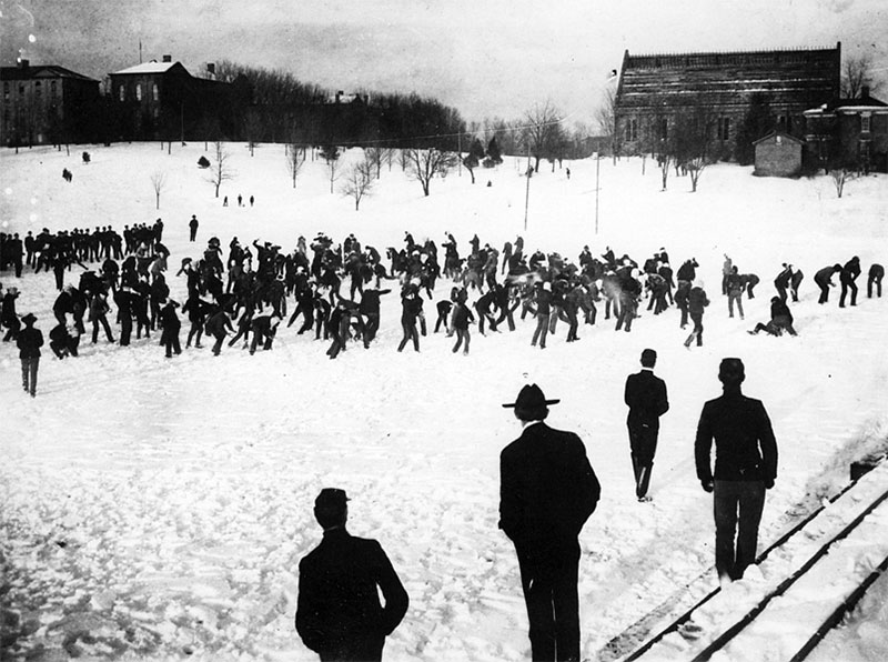 snowball fight on the Virginia Tech Drillfield